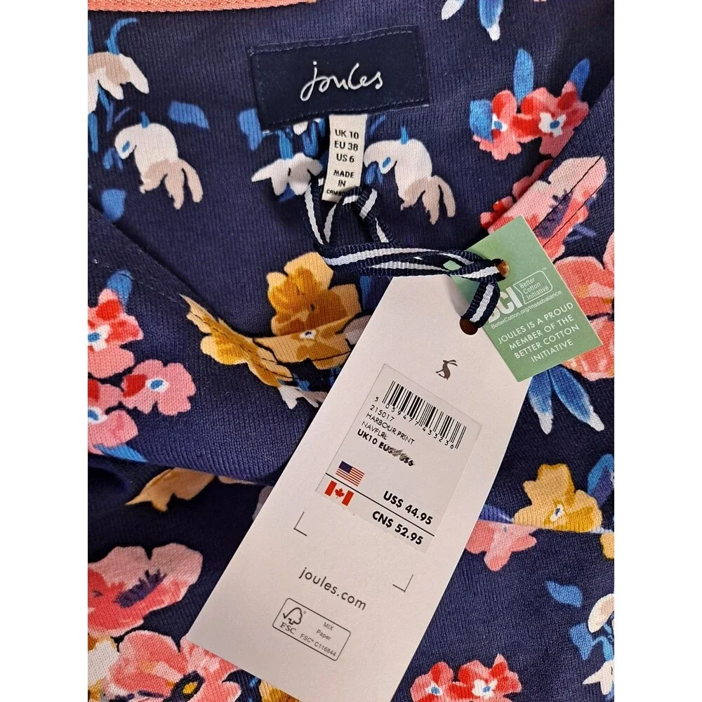 Joules Women's Harbour Print Knit Top Size 6 Long Sleeve Navy Floral 100% Cotton
